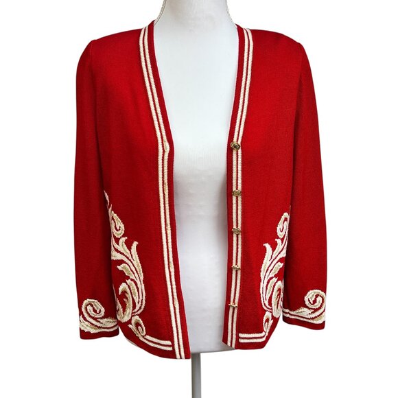 St. John Sport by Marie Gray Santana Knit Cardigan Red w/ Gold Crest Buttons - Picture 3 of 10